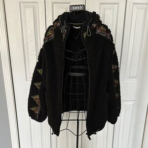 NWOT Free People Cozy Black Teddy Jacket with Oversized Fit & Hood sz small $108